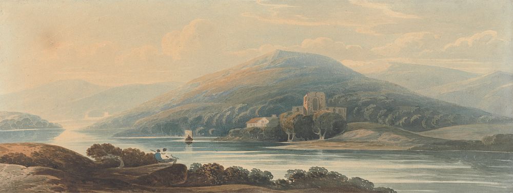 Landscape in Wales with Mountains, Lake, Castle and Two Figures in the Foreground