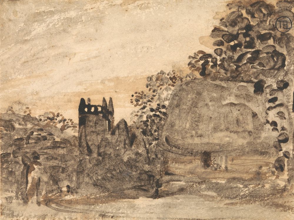 Thatched Cottage and Church by Samuel Palmer