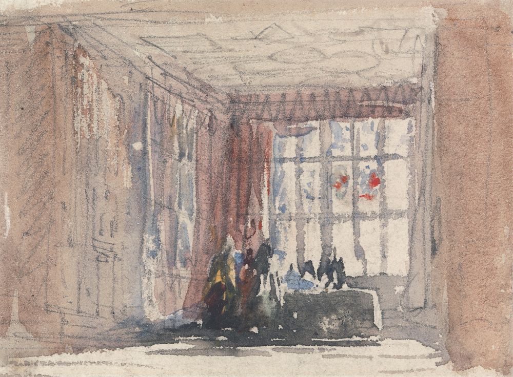 A Tudor Room with Figures, Possibly Hardwick Hall or Haddon Hall by David Cox