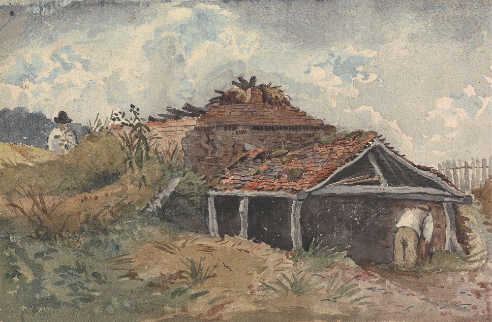 Landscape with two figures beside an old building