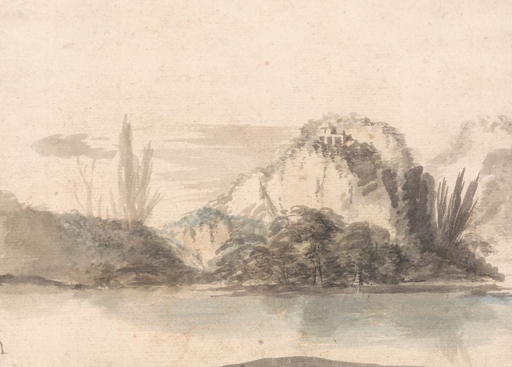 A Temple Perched on a Rocky Outcrop Seen Across a Lake by Alexander Runciman