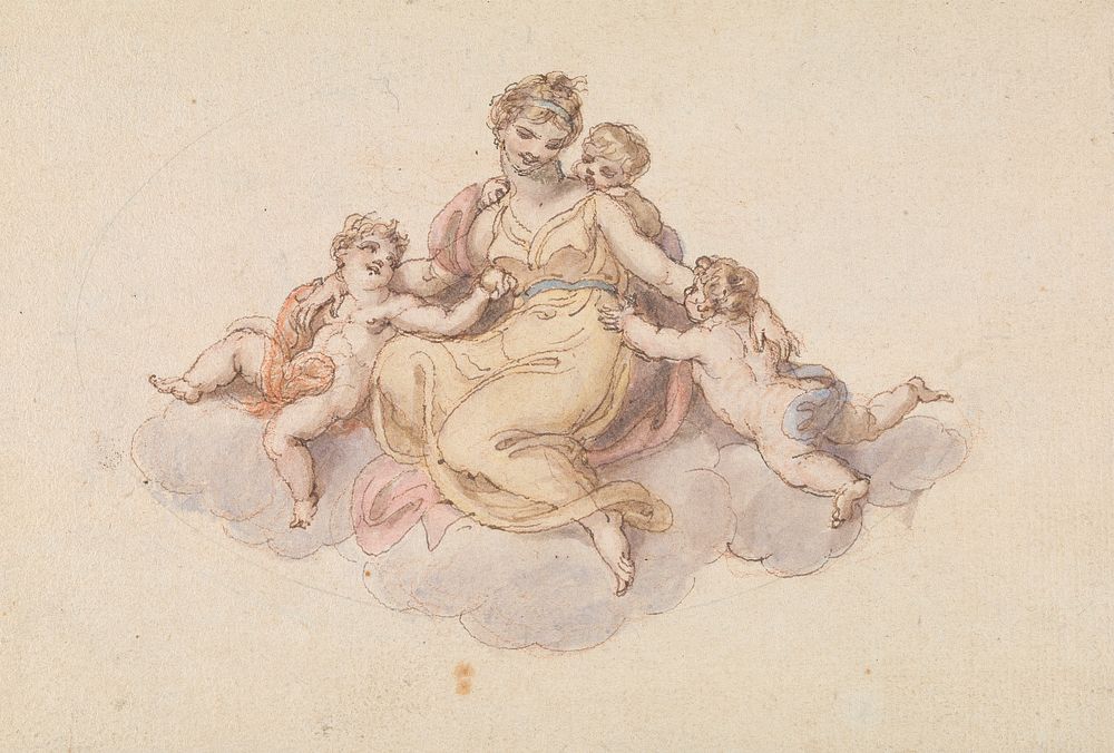 Mother and Children Seated on Cloud