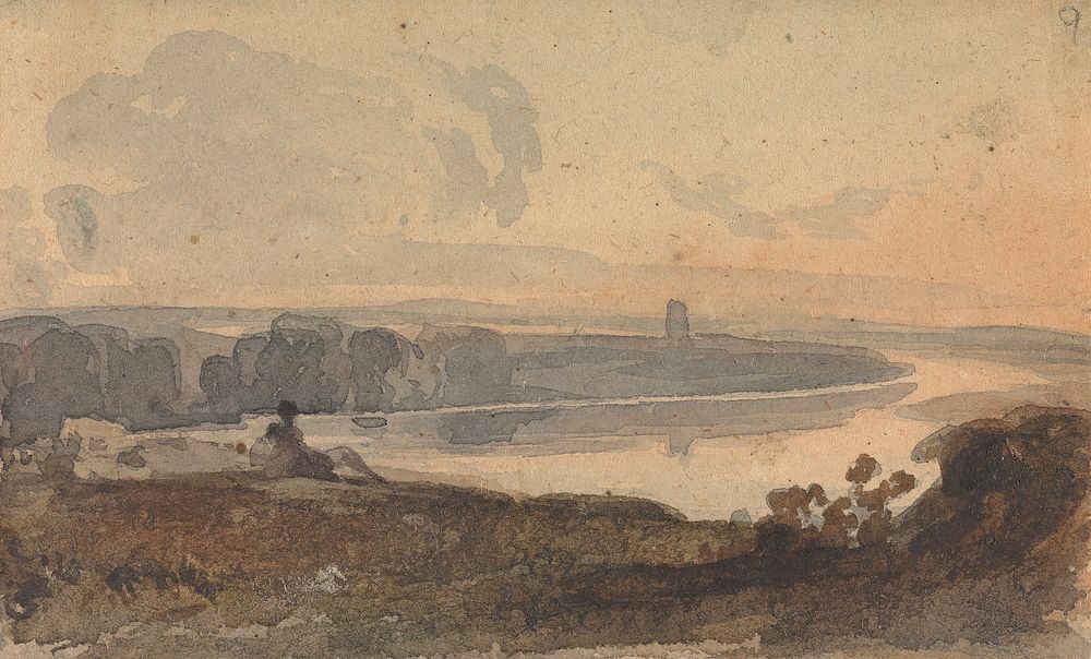Landscape, with Winding River, Figure on Hill in Foreground by Thomas Sully