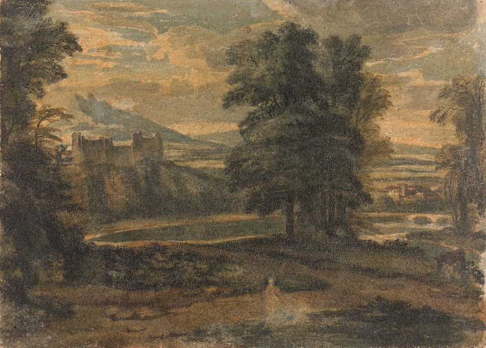 Landscape with Mountains, Castle, Trees and Lake