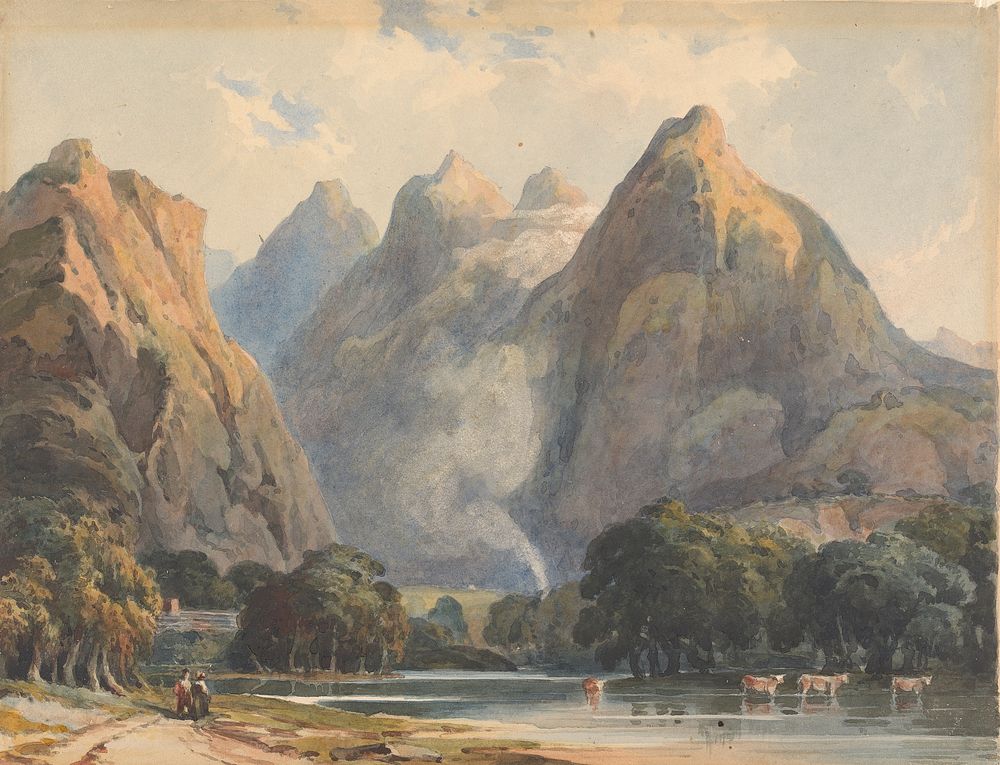 Mountain Scene with Stream, Cows and Figures