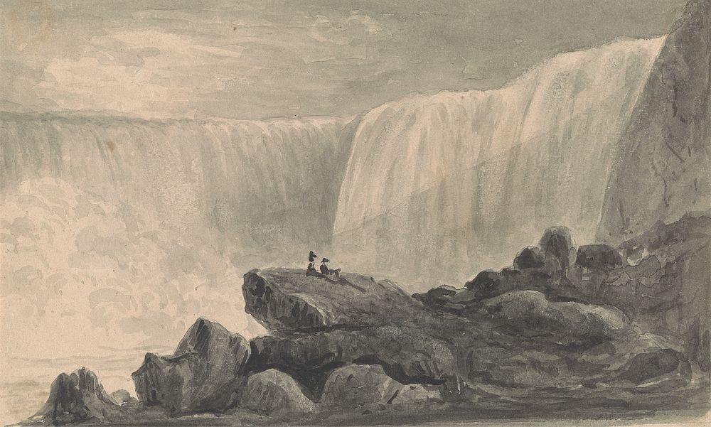 View of Niagara Falls with Two Figures Sitting on a Rock Center Foreground by Isaac Weld