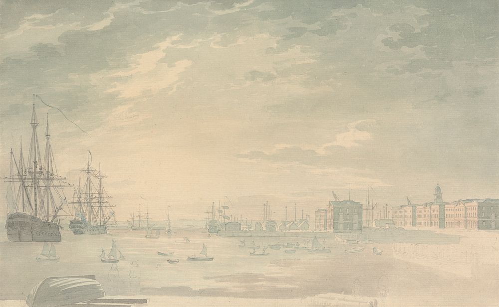 View of Portsmouth Harbor with Shipping, Showing Buildings on Shore