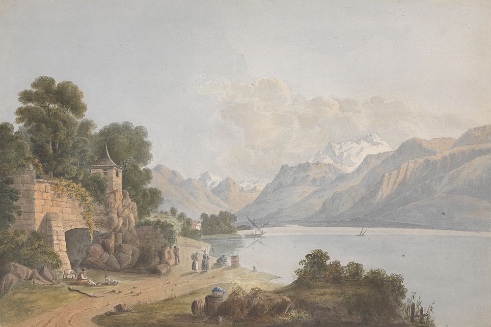 Mountainous Landscape with Lake, Gate and Figures