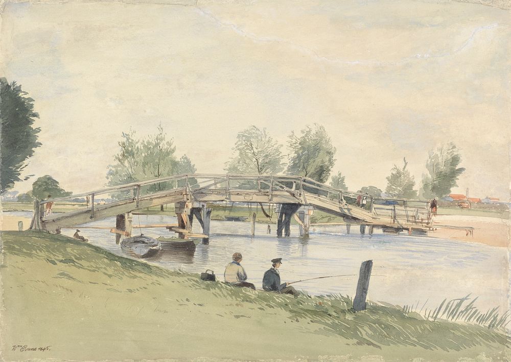 A Rustic Bridge over the Thames, Anglers on the River Bank