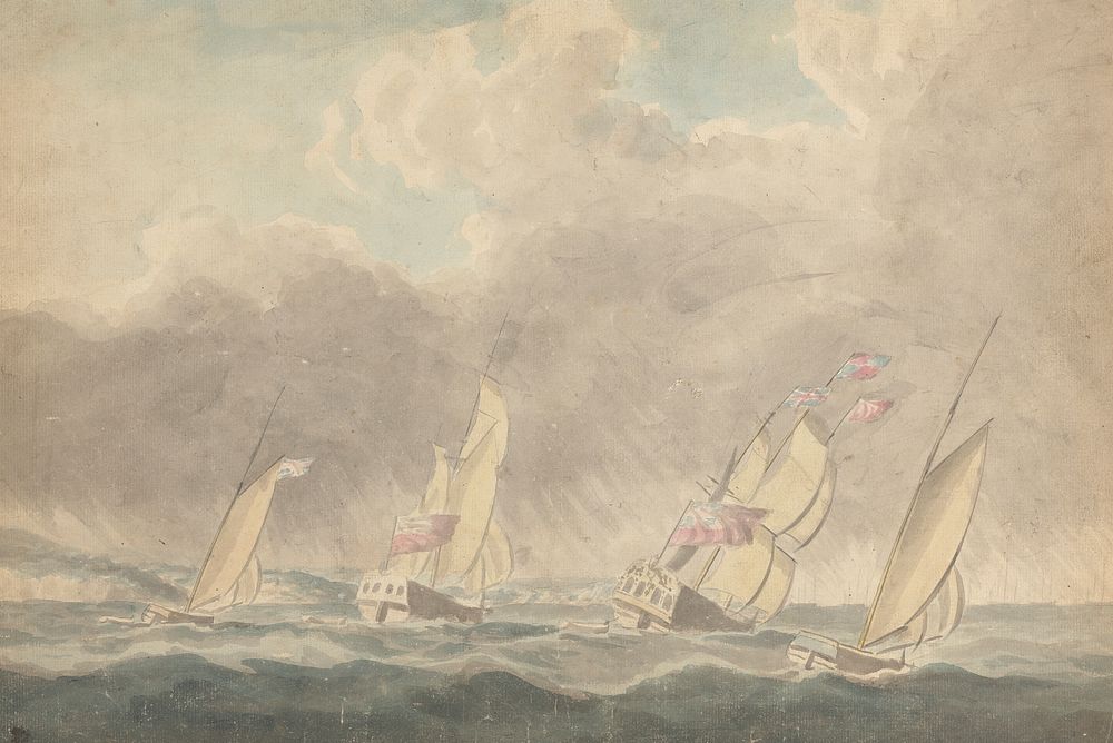 Two Sloops of War, One Barque and One Schooner (?), Sterns Forward, in Heavy Seas; Several Sailing Vessels in Background by…