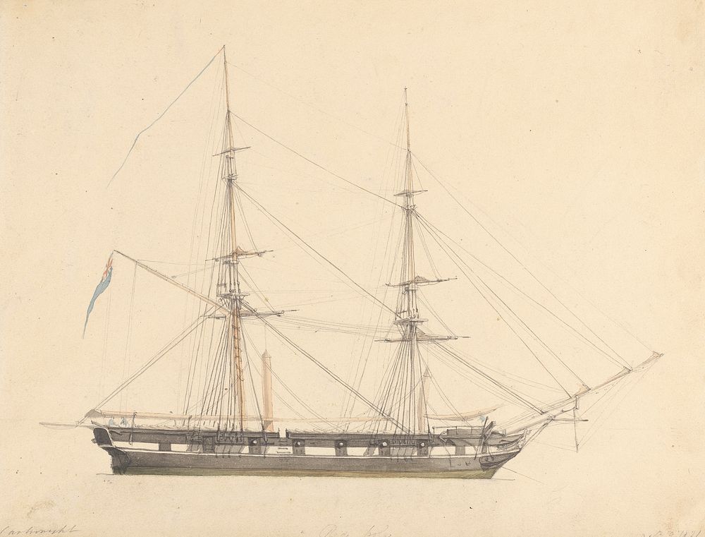 Single Brig with Union Jack and Three Figures by Joseph Cartwright
