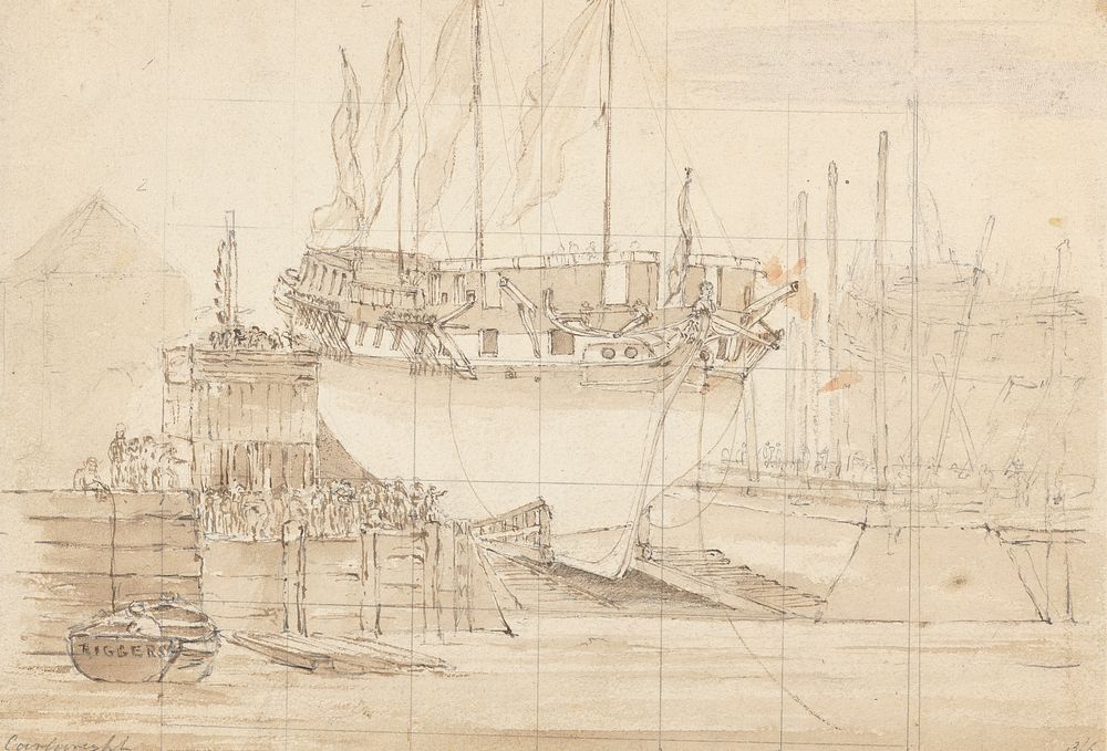 Sailing Vessel in Dock, Bow Forward: Squared for Tracing
