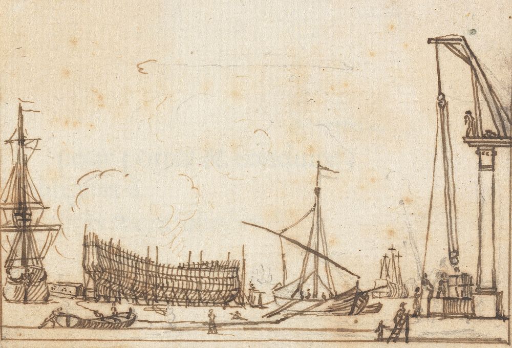 Dock Scene: Boats and Ships of Various Sizes; Ship-Building; Pully-like Machines with Operators
