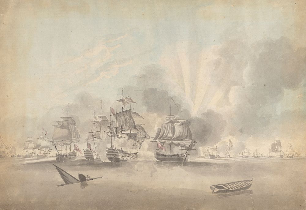 Battle Scene: Battleships, Frigates and Corvettes; Sinking Boat and Rowboat