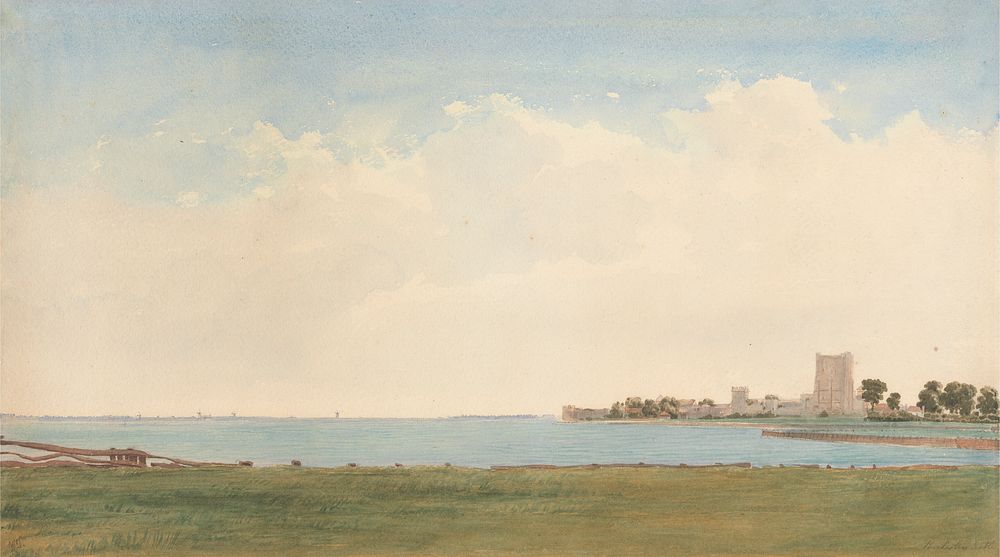 Porchester Castle:  A View from Porchester Village Looking across the Water to Portsmouth