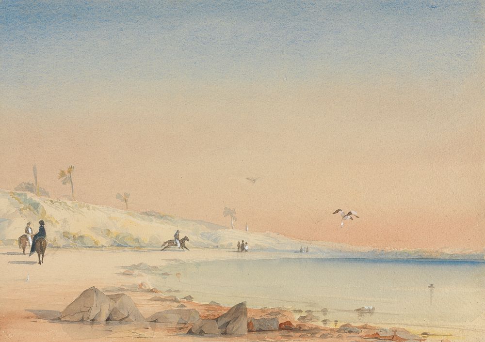 Gambia - a sandy bay with figures walking and riding at Cape St. Mary by William John Chamberlayne