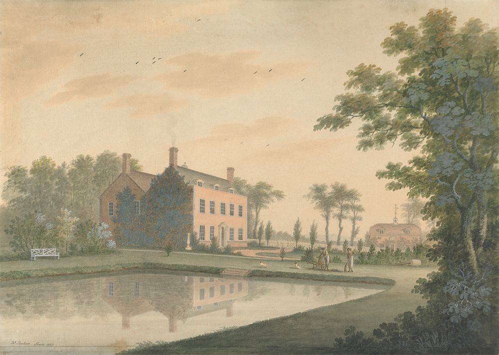 South View of a House at Ringmer with Gardeners at Work by James Lambert of Lewes