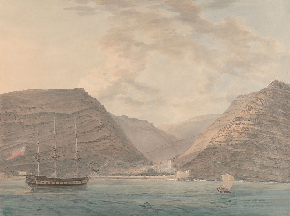 Man of War Moored in Harbor, Mountains in the Background