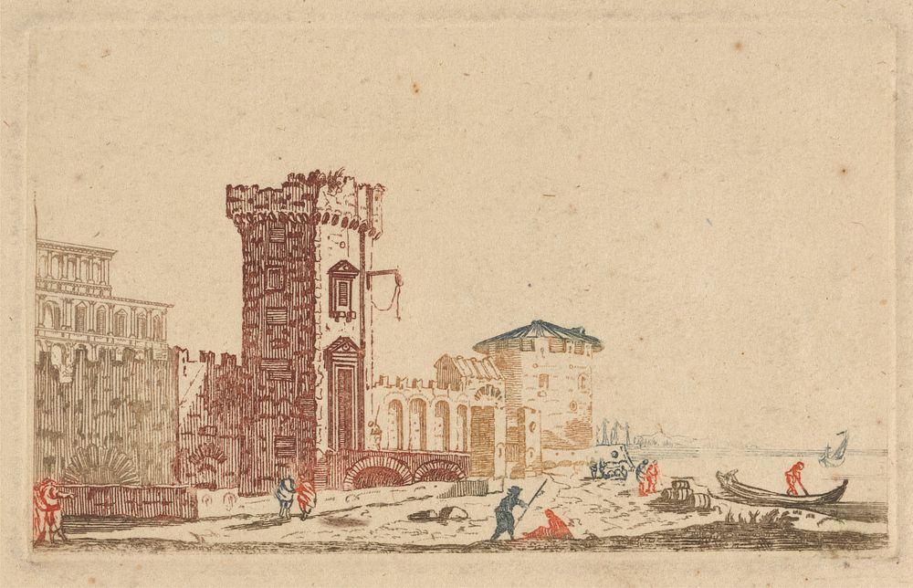 One of Six Colored Engravings of Castles, Ruins and Seascapes