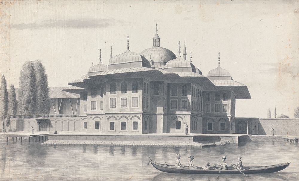 Views in the Levant: Man in a Boat Being Rowed Past a Pavilion