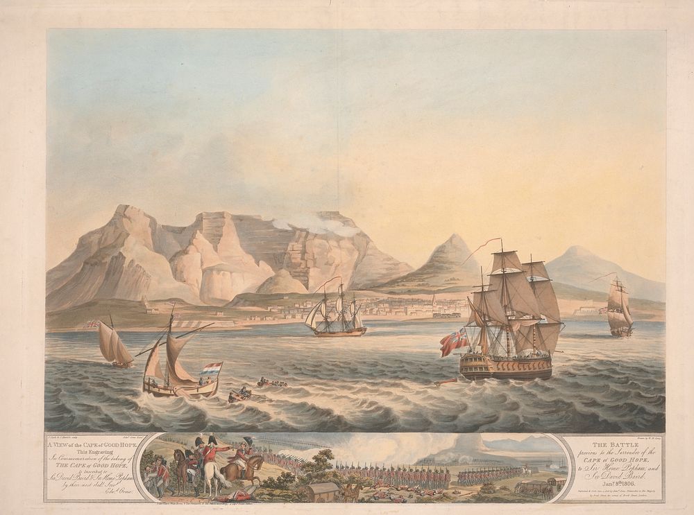 A View of the Cape of Good Hope; below, The Battle previous to the Surrender of the Cape of Good Hope, January 8th, 1806