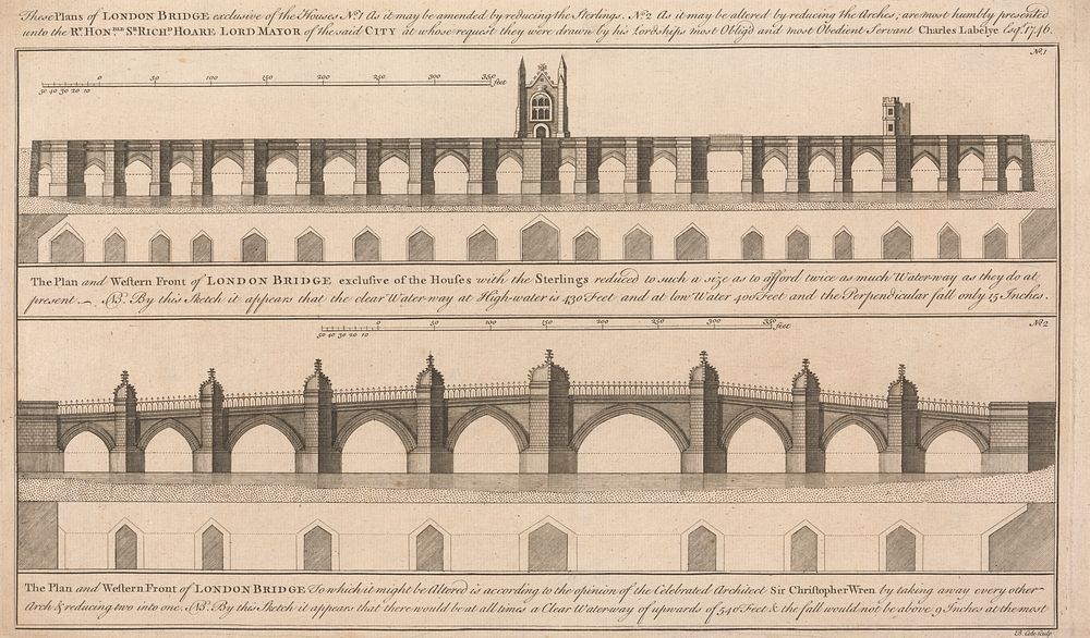 Two Plans for the Conversion of Old London Bridge by C. Labelye, The Second a Plan by Sir Christopher Wren