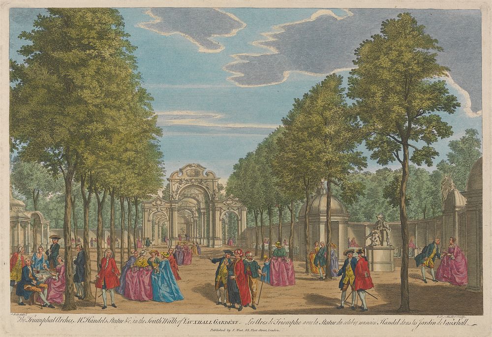 The Triumphal Arches, Mr. Handel's Statue & c. in the South Walk of Vauxhall Gardens