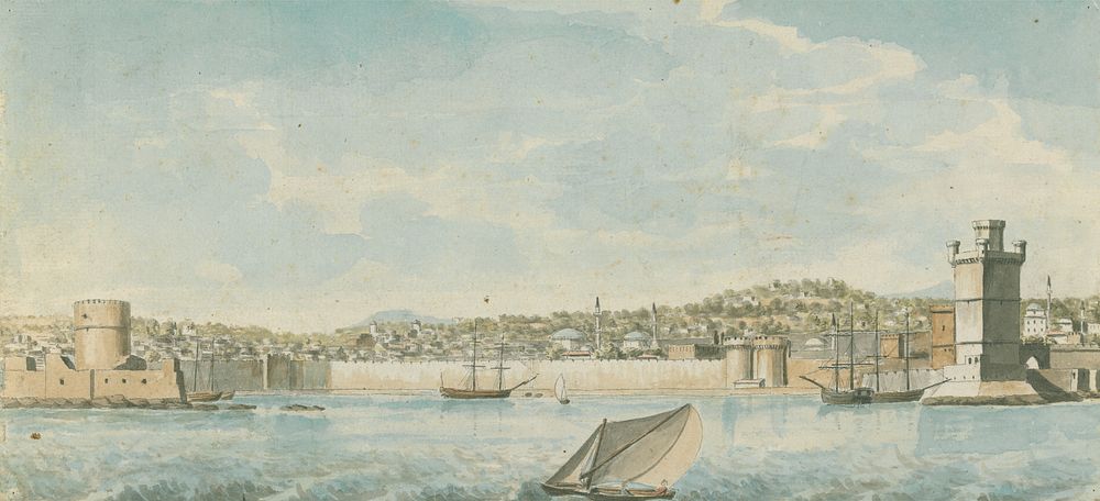 Views in the Levant: View of a Walled Town and Harbour with Towers Seen From the Sea by Willey Reveley