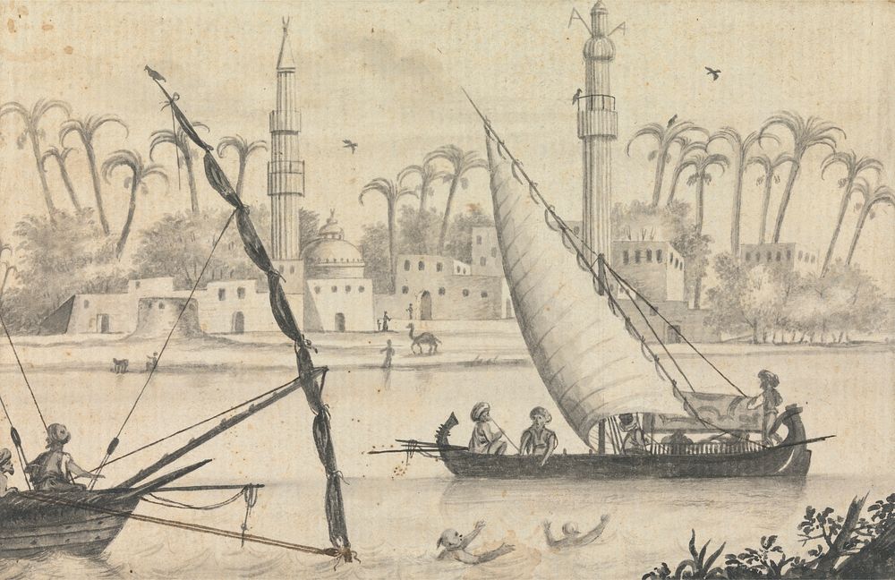 Views in the Levant: Men Sailing Small Boat With Canopy Past Buildings and Many Palm Trees by unknown artist
