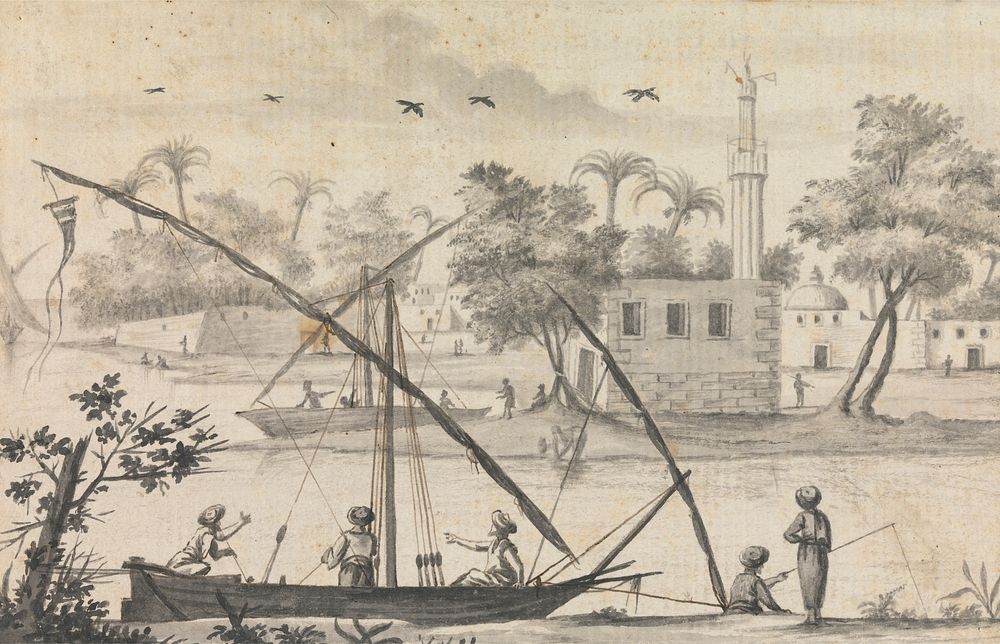 Views in the Levant: Three Men in Small Boat Moored to Bank with a View of Buildings on Islands