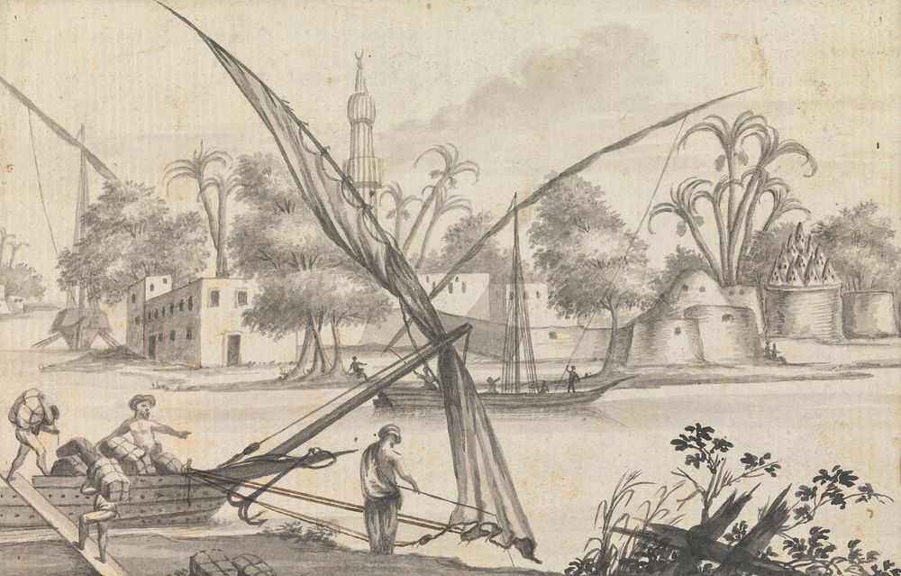 Views in the Levant: Men Loading a Small Sailing Boat With a View of Building and Large Moored Boat