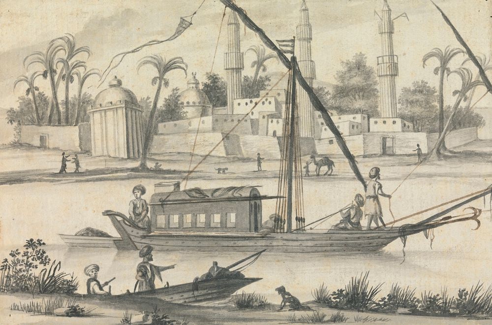 Views in the Levant: Men Sailing Small Boat with Cabin Past Buildings and a Camel