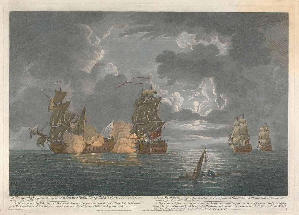 The Monmouth of 64 Guns, taking the Foudroyant a French Man of War of 84 Guns on the 28th of Feb. 1758 in the…