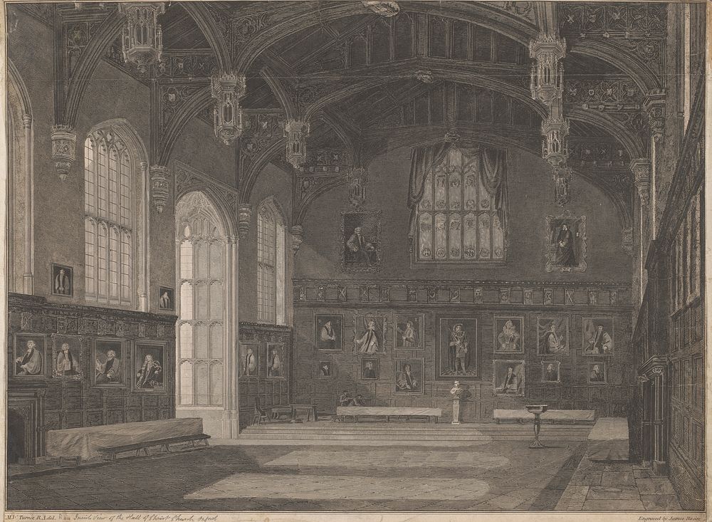 Interior of Hall of Christ Church by print made by James Basire the younger