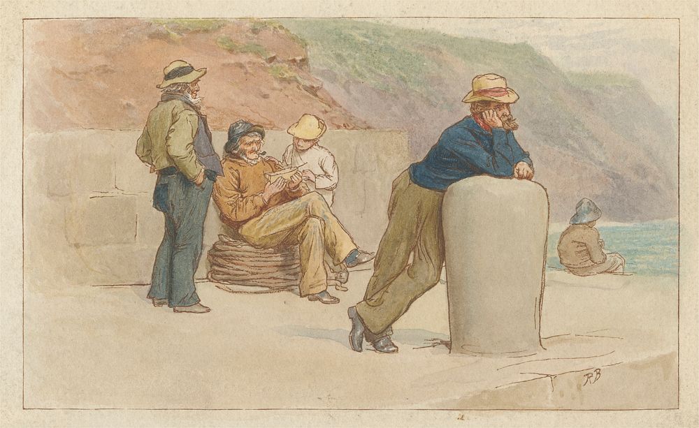 Three Men and Two Boys Sitting on a Pier