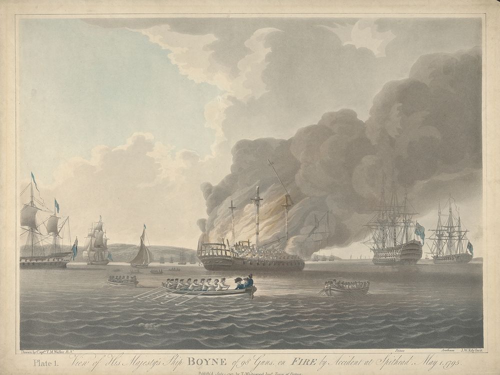 View of His Majesty's Ship Boyne of 98 Guns, on Fire by Accident at Spithead, May 1, 1795