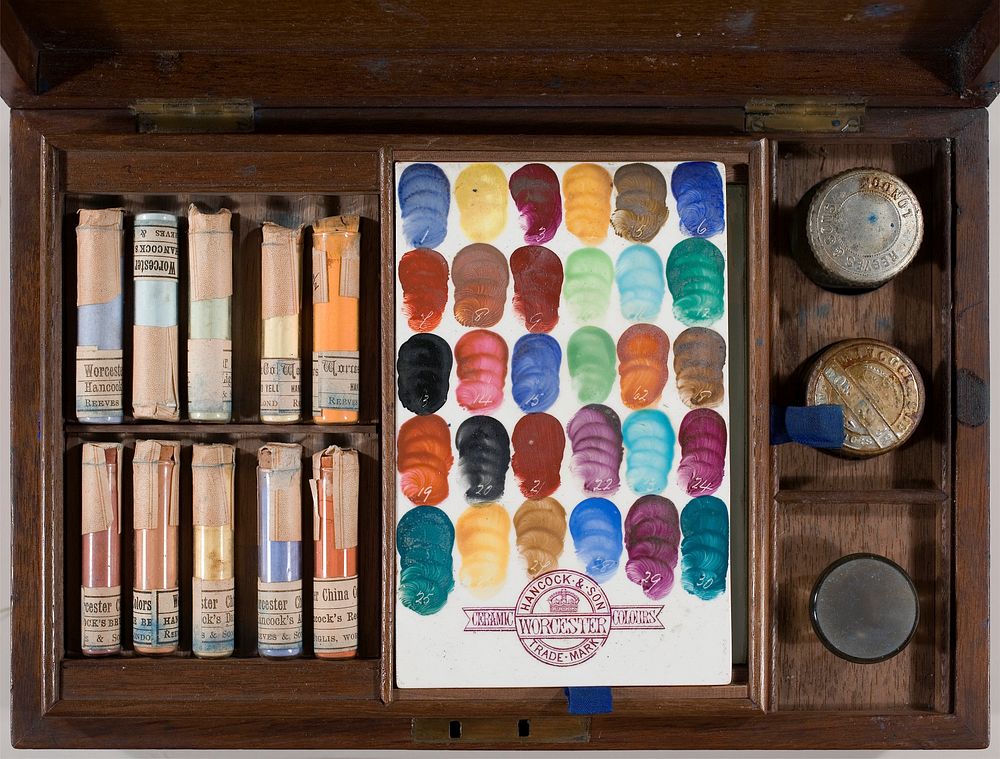 Box of pigments and implements for painting on china.