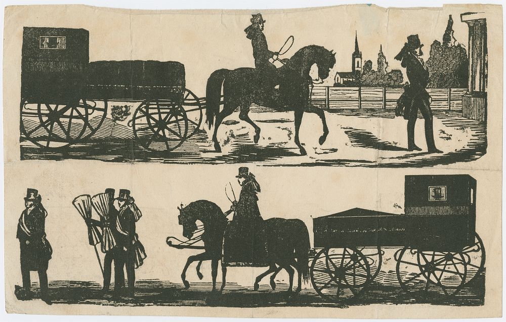 Two funeral scenes, with horse-drawn hearses.