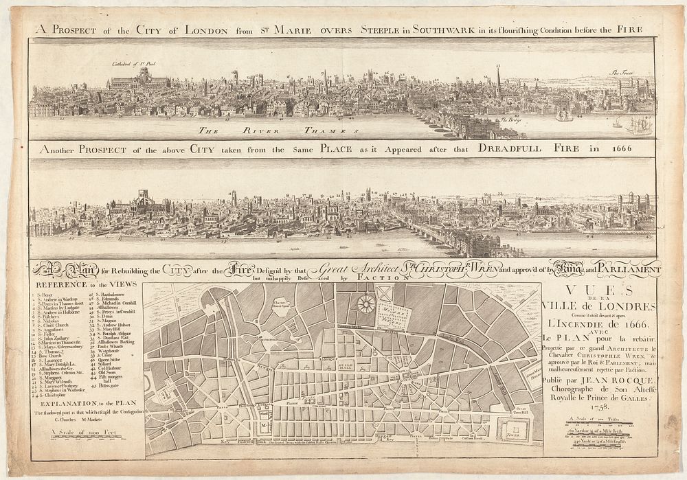 Vues de la ville de Londres : comme il etoit devant & apres l'incendie de 1666 : avec le plan pour la rabâtir / projetté…