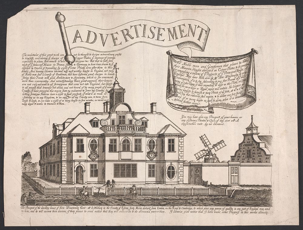 Advertisement [graphic] : All noble men and gentlemen that please to have their mansion houses design'd on copper plates, to…