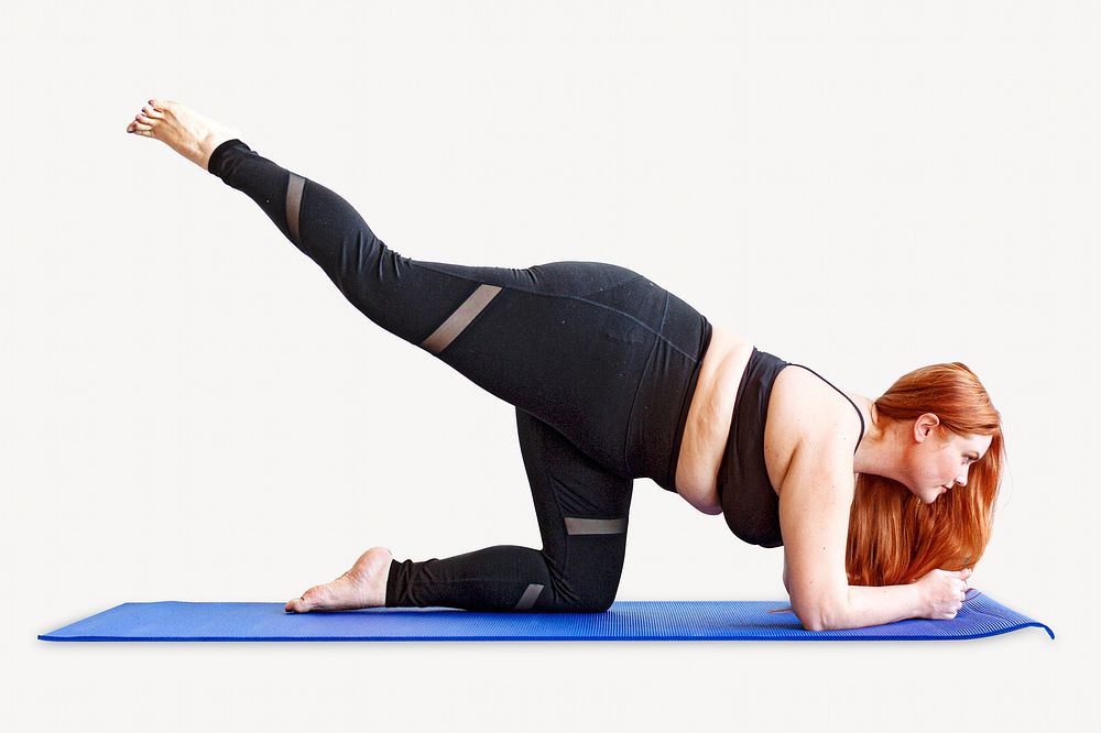 Plus-sized woman yoga, isolated image