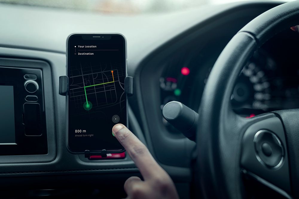 Phone screen mockup gps navigation system in the car psd