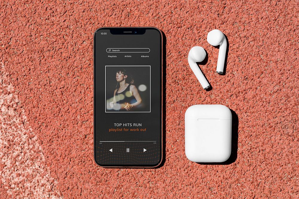 Smartphone mockup psd with wireless earbud and charger case for music streaming