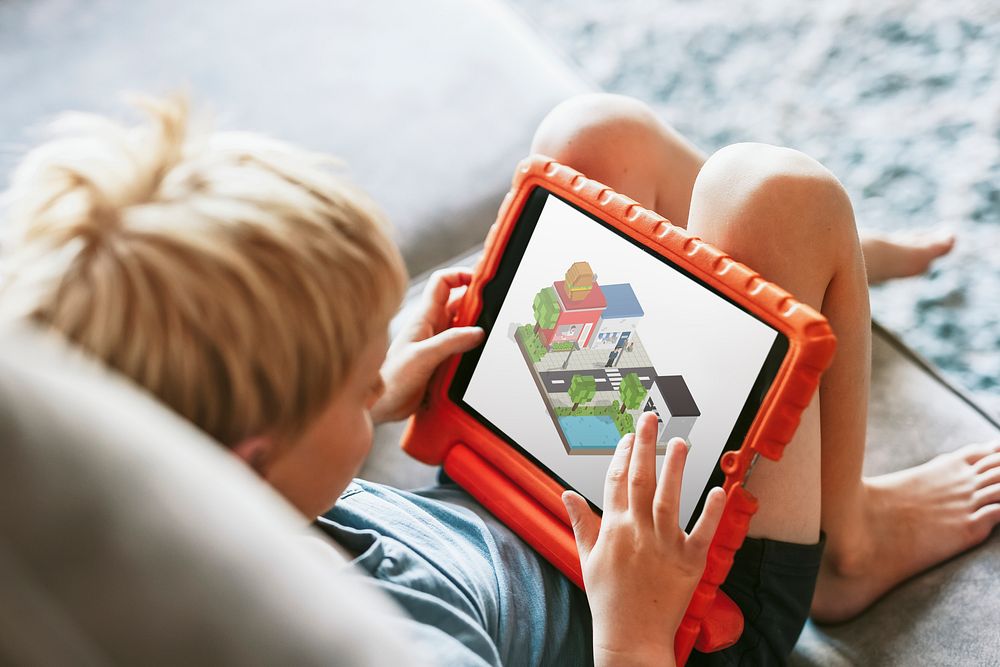 Tablet screen mockup psd, young boy playing game