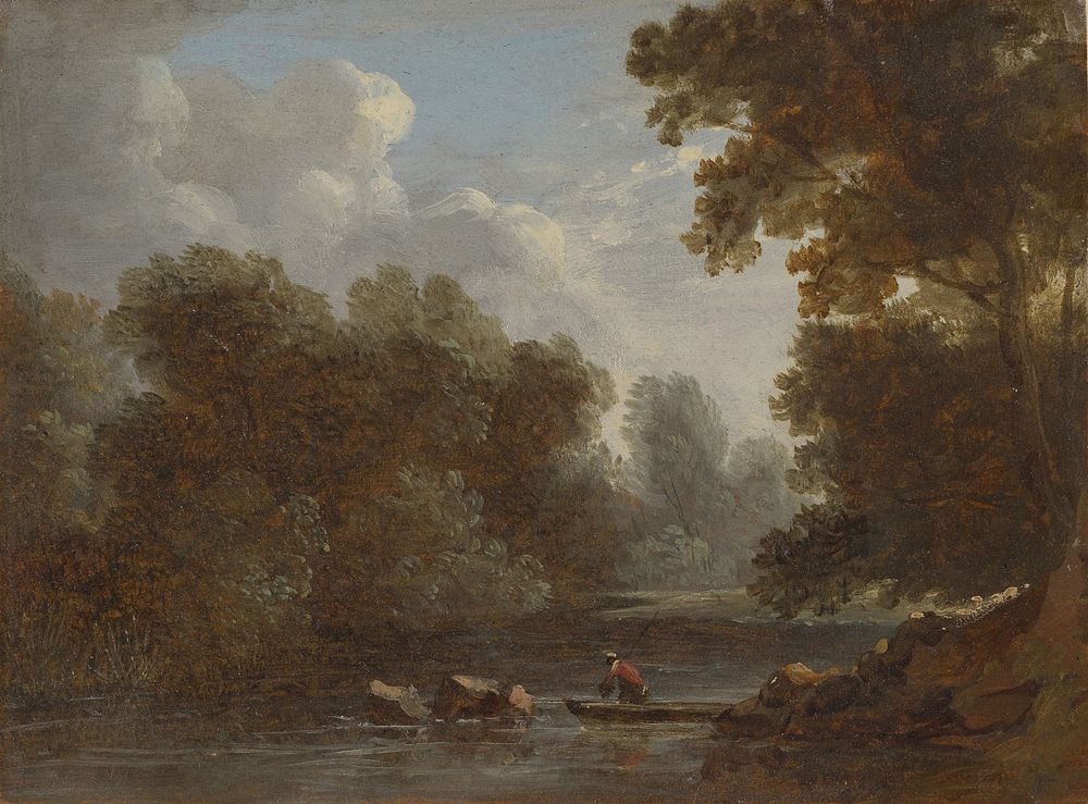 A Wooded River Landscape with a Fisherman in a Boat by Benjamin Barker, the younger