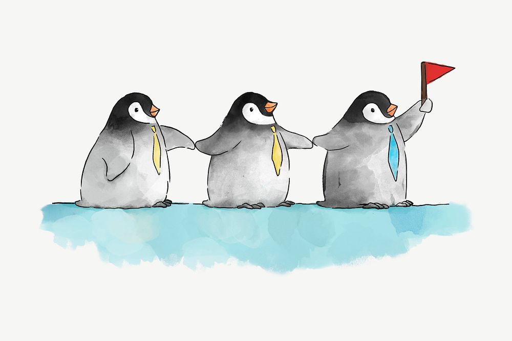 Cute penguins with a flag, illustration collage element psd