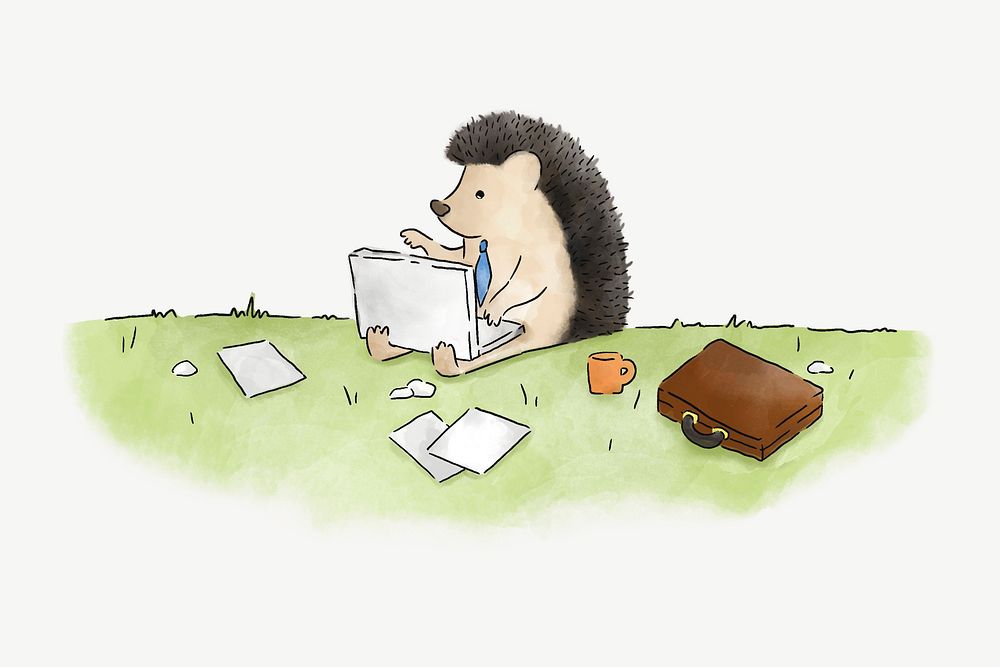 Hedgehog typing on a laptop, illustration collage element psd