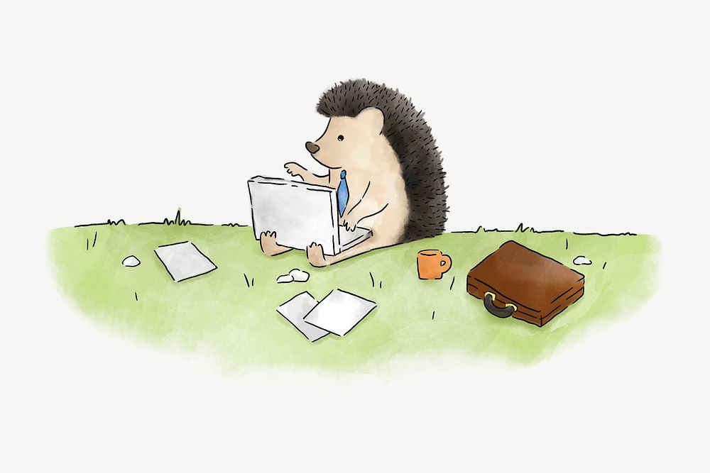 Hedgehog typing on a laptop, illustration isolated image