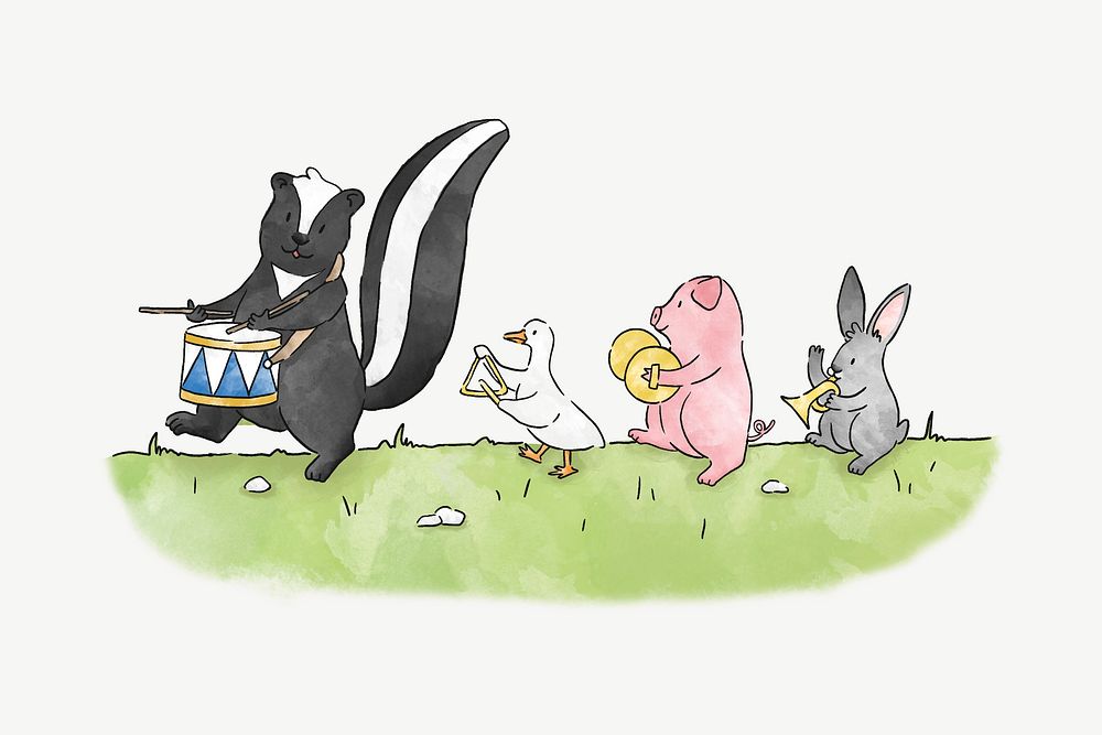 Skunk marching to his own drum, illustration collage element psd