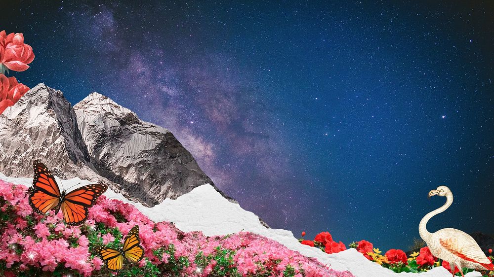 Aesthetic starry sky desktop wallpaper, mountains border remix background
